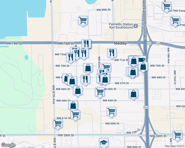 map of restaurants, bars, coffee shops, grocery stores, and more near 8231 Northwest 68th Street in Miami