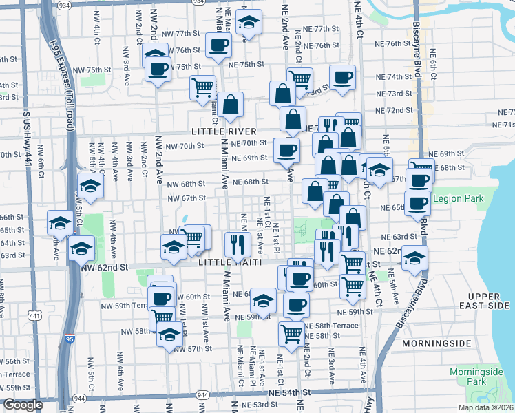 map of restaurants, bars, coffee shops, grocery stores, and more near 96 Northeast 66th Street in Miami