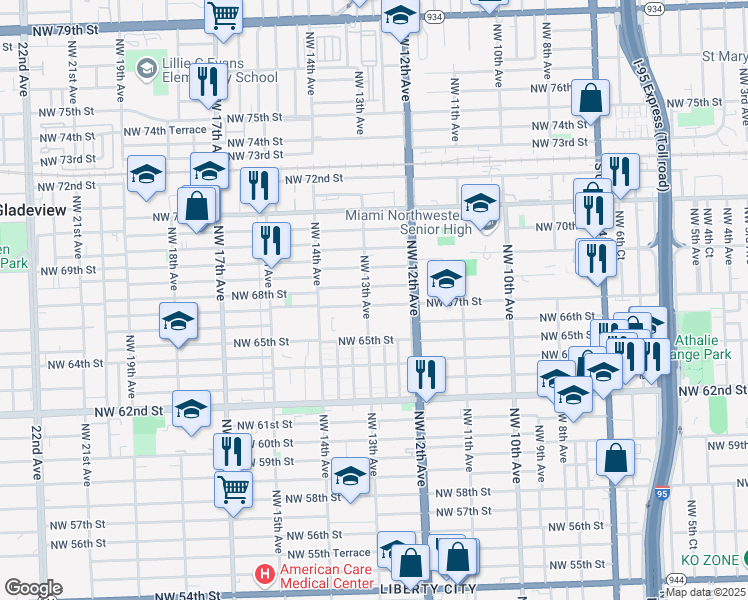 map of restaurants, bars, coffee shops, grocery stores, and more near 1295 Northwest 67th Street in Miami