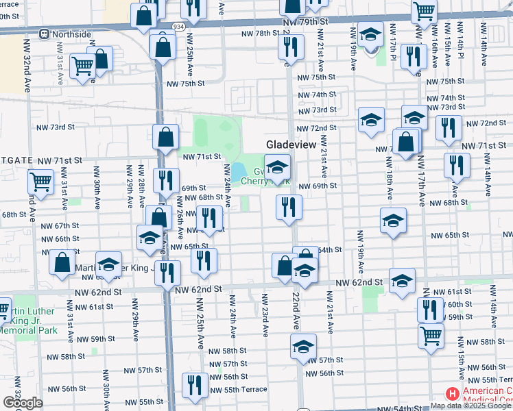 map of restaurants, bars, coffee shops, grocery stores, and more near 6745 Northwest 23rd Avenue in Miami