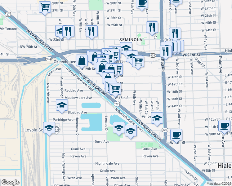 map of restaurants, bars, coffee shops, grocery stores, and more near 720 West 16th Street in Hialeah
