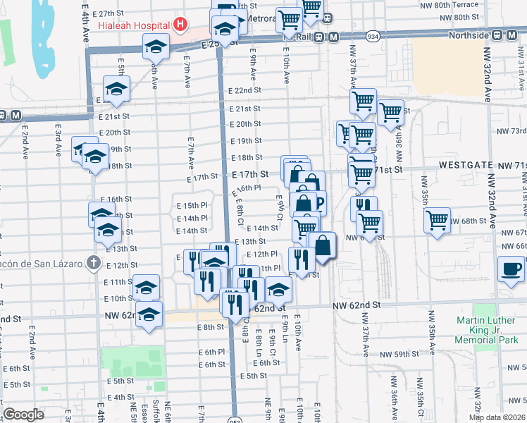 map of restaurants, bars, coffee shops, grocery stores, and more near 901 East 14th Place in Hialeah