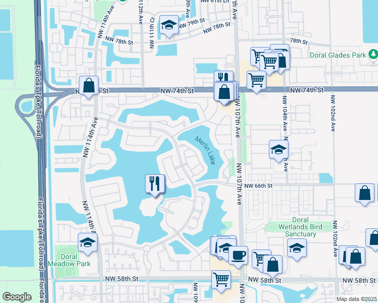 map of restaurants, bars, coffee shops, grocery stores, and more near 10906 Northwest 69th Terrace in Doral