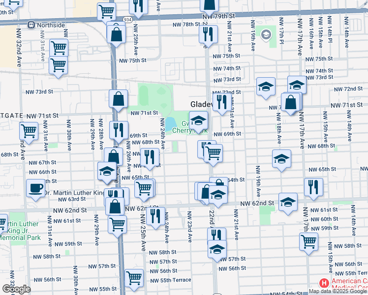 map of restaurants, bars, coffee shops, grocery stores, and more near 6745 Northwest 23rd Avenue in Miami