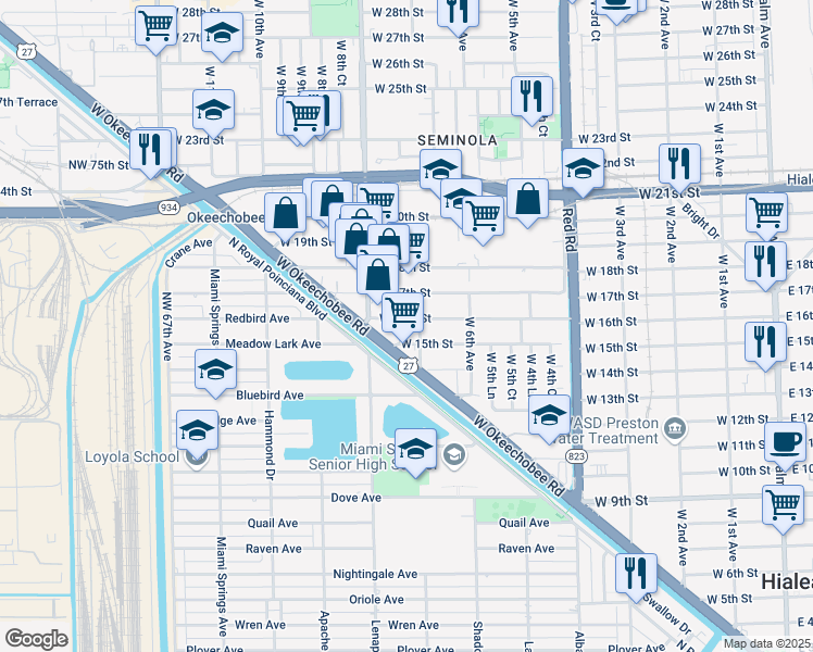 map of restaurants, bars, coffee shops, grocery stores, and more near 720 West 16th Street in Hialeah