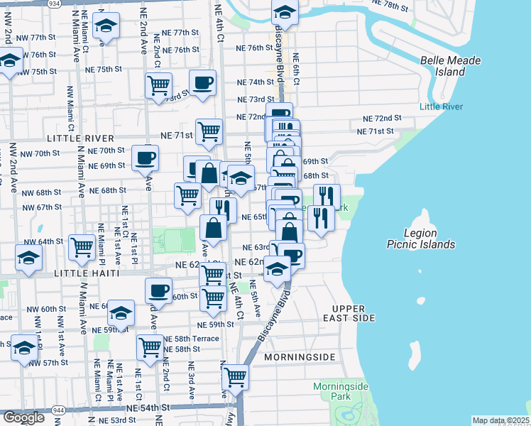 map of restaurants, bars, coffee shops, grocery stores, and more near 545 Northeast 65th Street in Miami