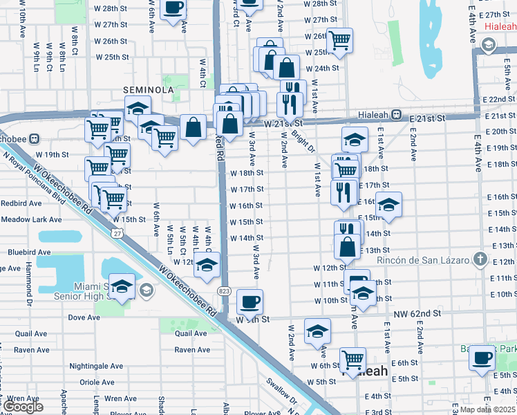 map of restaurants, bars, coffee shops, grocery stores, and more near 1599 West 3rd Avenue in Hialeah