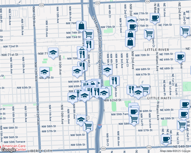 map of restaurants, bars, coffee shops, grocery stores, and more near 596 Northwest 67th Street in Miami
