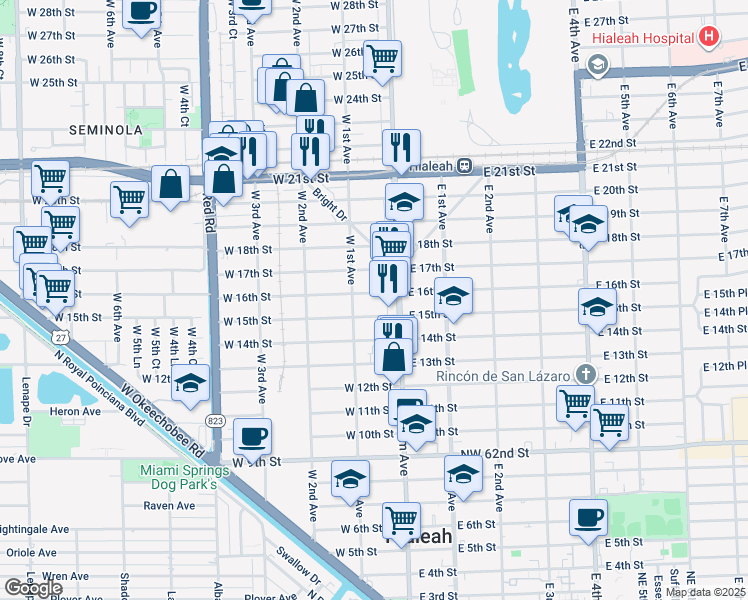 map of restaurants, bars, coffee shops, grocery stores, and more near 50 West 16th Street in Hialeah