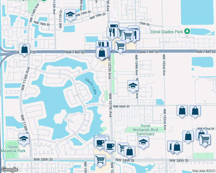 map of restaurants, bars, coffee shops, grocery stores, and more near 6851 Northwest 107th Court in Doral