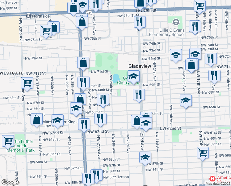 map of restaurants, bars, coffee shops, grocery stores, and more near 6722 Northwest 23rd Place in Miami