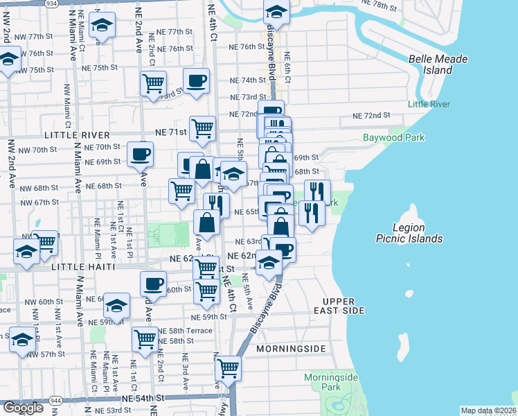 map of restaurants, bars, coffee shops, grocery stores, and more near 545 Northeast 65th Street in Miami
