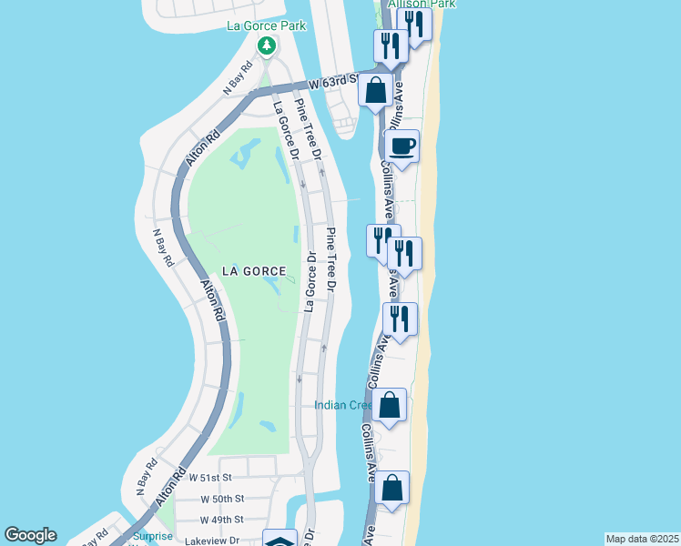 map of restaurants, bars, coffee shops, grocery stores, and more near 5660 Pine Tree Drive in Miami Beach