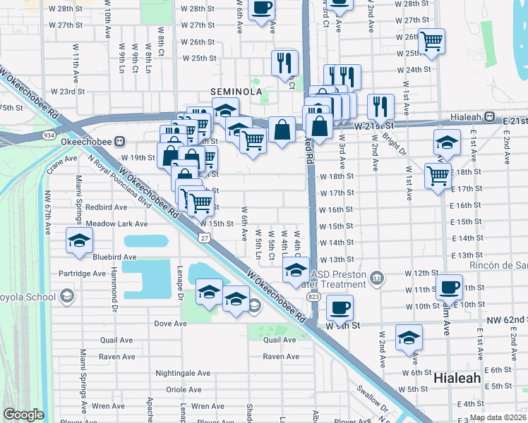 map of restaurants, bars, coffee shops, grocery stores, and more near 500 West 16th Street in Hialeah