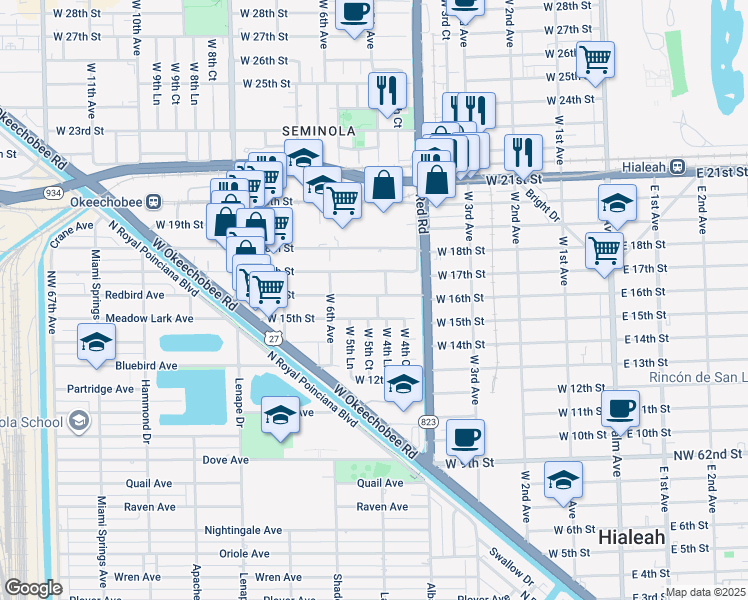 map of restaurants, bars, coffee shops, grocery stores, and more near 500 West 16th Street in Hialeah