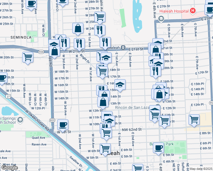 map of restaurants, bars, coffee shops, grocery stores, and more near 1575 Palm Avenue in Hialeah