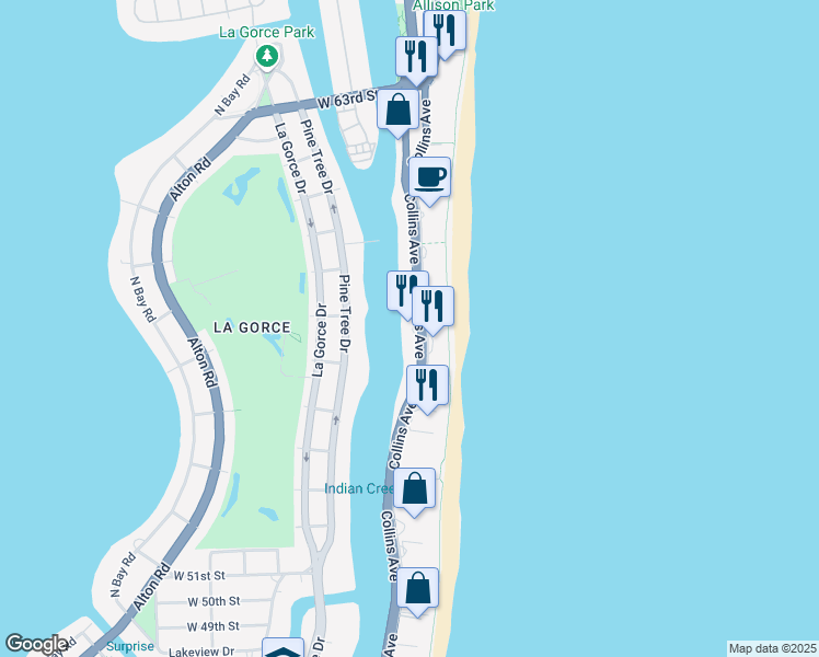map of restaurants, bars, coffee shops, grocery stores, and more near 5555 Collins Avenue in Miami Beach