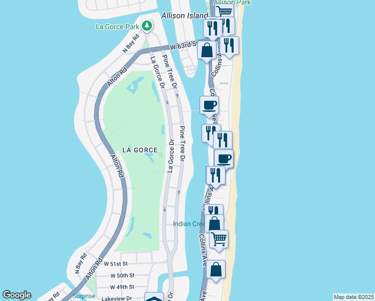 map of restaurants, bars, coffee shops, grocery stores, and more near 5660 Pine Tree Drive in Miami Beach