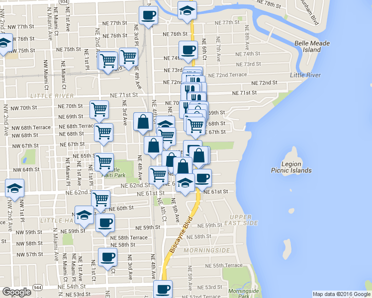 map of restaurants, bars, coffee shops, grocery stores, and more near 545 Northeast 65th Street in Miami