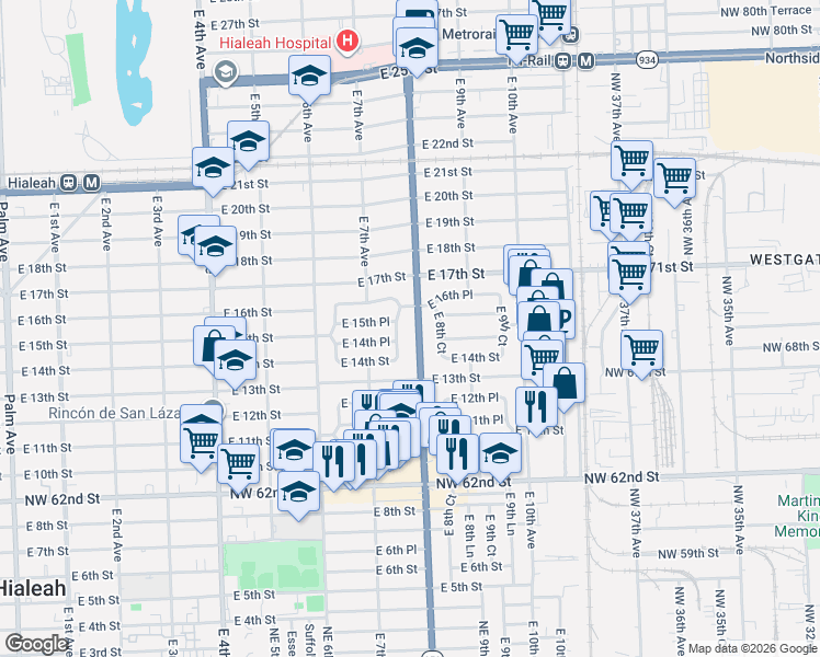map of restaurants, bars, coffee shops, grocery stores, and more near 1521 East 7th Court in Hialeah