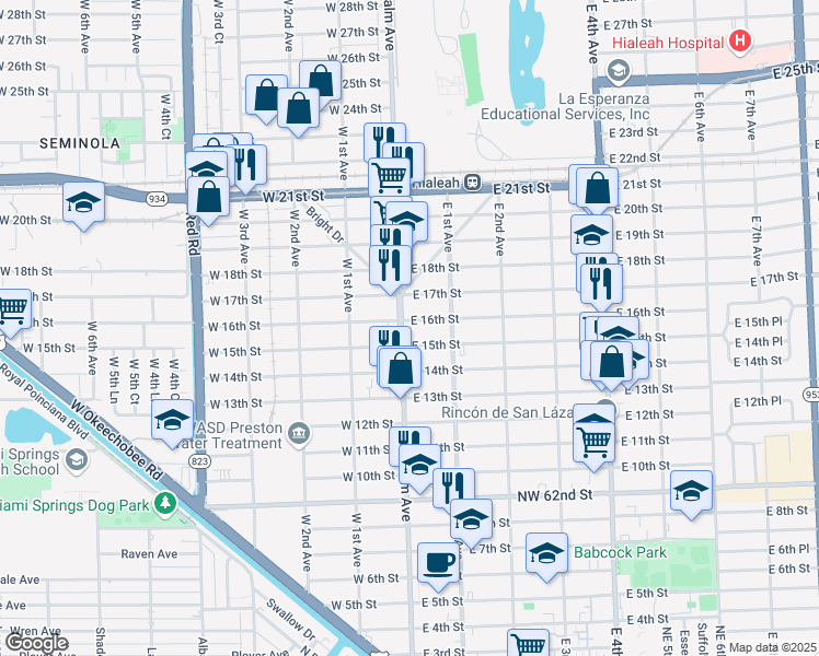 map of restaurants, bars, coffee shops, grocery stores, and more near 1575 Palm Avenue in Hialeah