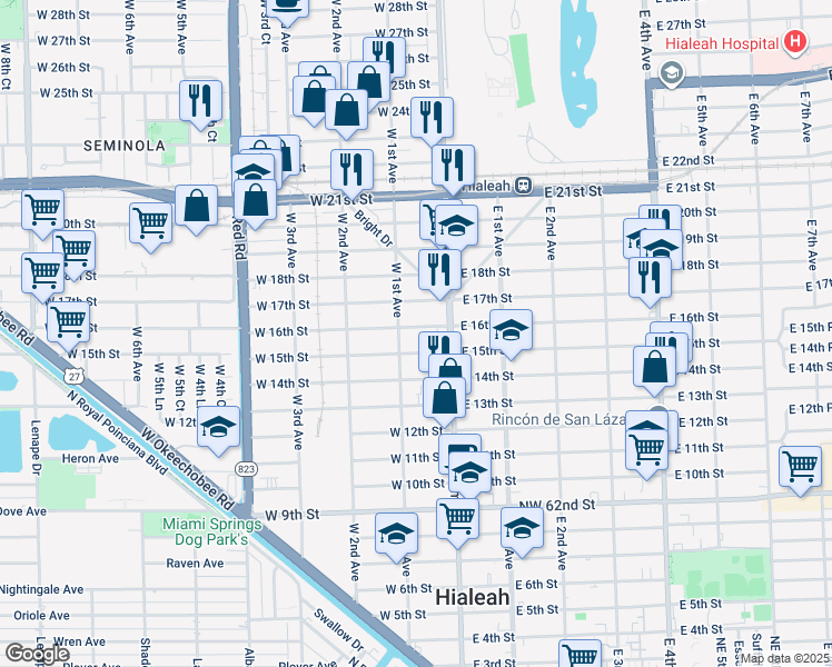 map of restaurants, bars, coffee shops, grocery stores, and more near 50 West 16th Street in Hialeah