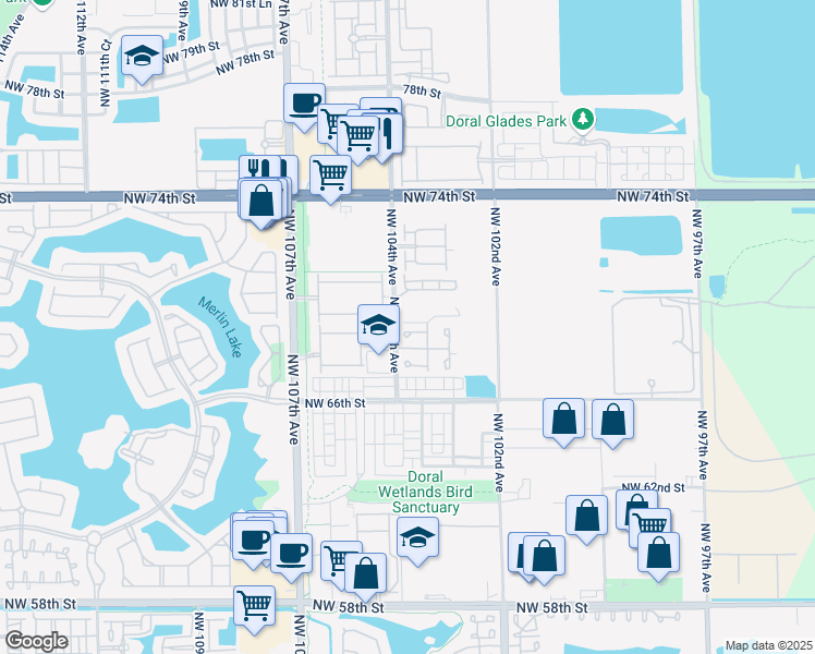 map of restaurants, bars, coffee shops, grocery stores, and more near 10355 Northwest 68th Terrace in Doral