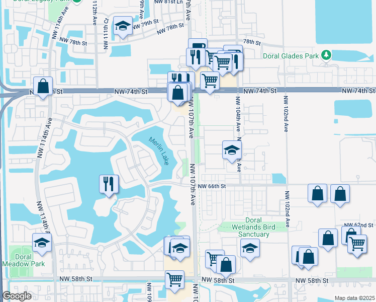 map of restaurants, bars, coffee shops, grocery stores, and more near 6851 Northwest 107th Court in Doral