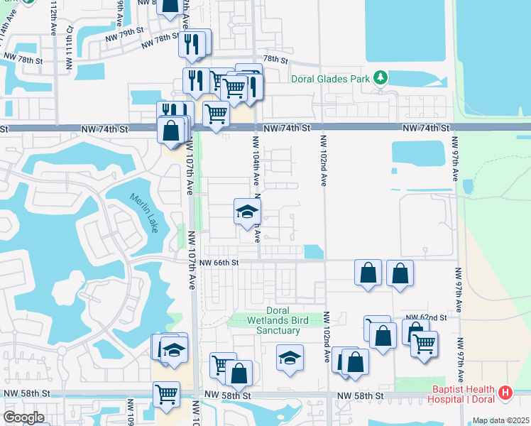 map of restaurants, bars, coffee shops, grocery stores, and more near 10355 Northwest 68th Terrace in Doral