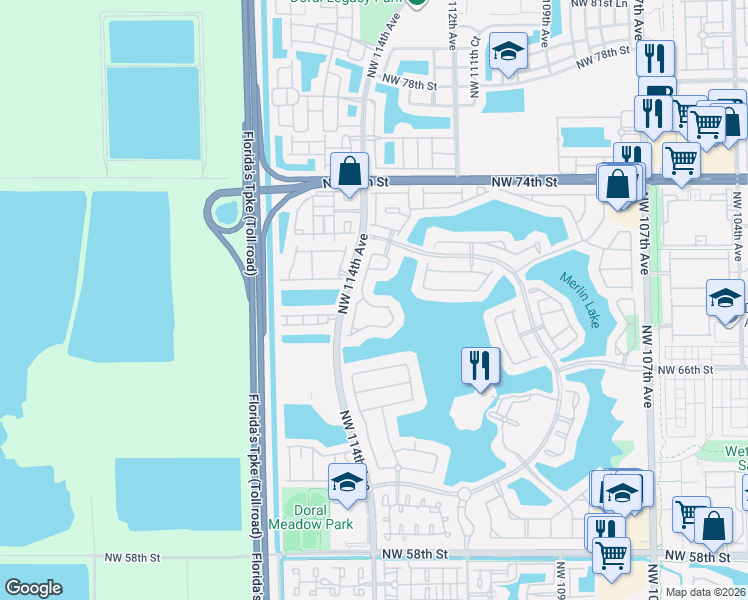 map of restaurants, bars, coffee shops, grocery stores, and more near 11349 Northwest 69th Street in Doral