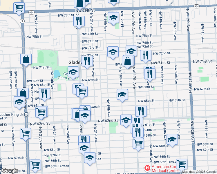 map of restaurants, bars, coffee shops, grocery stores, and more near 1891 Northwest 68th Street in Miami