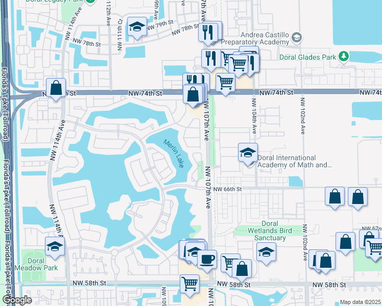 map of restaurants, bars, coffee shops, grocery stores, and more near 6874 Northwest 107th Place in Doral