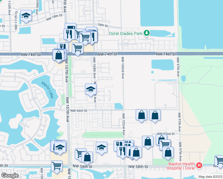 map of restaurants, bars, coffee shops, grocery stores, and more near 6847 Northwest 103rd Avenue in Doral