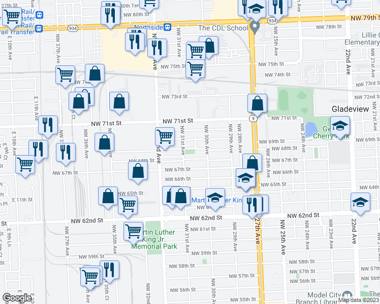 map of restaurants, bars, coffee shops, grocery stores, and more near 6815 Northwest 31st Avenue in Miami