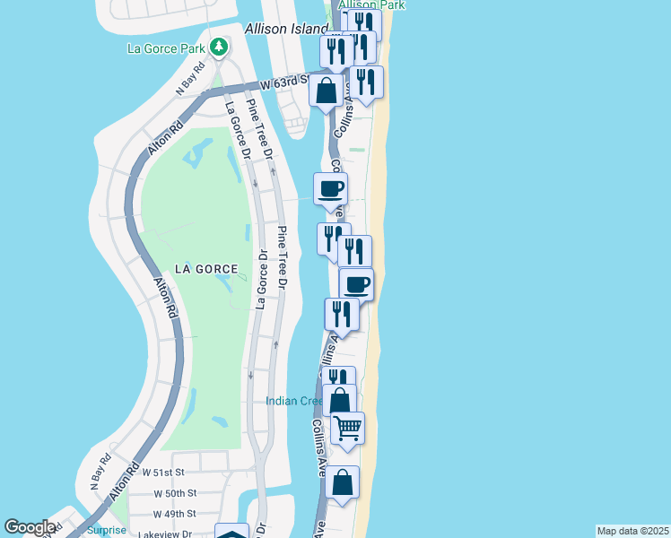 map of restaurants, bars, coffee shops, grocery stores, and more near 5555 Collins Avenue in Miami Beach