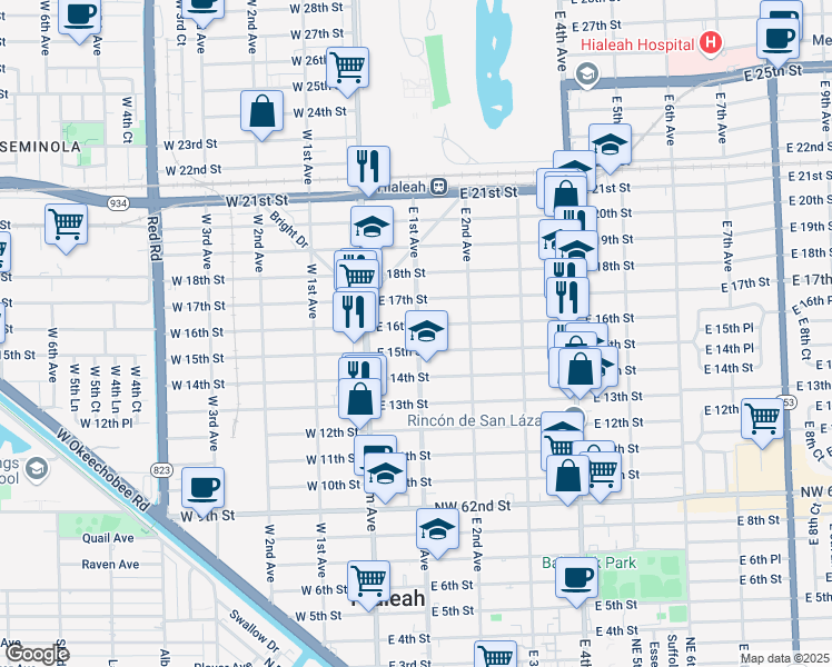map of restaurants, bars, coffee shops, grocery stores, and more near 1580 East 1st Avenue in Hialeah