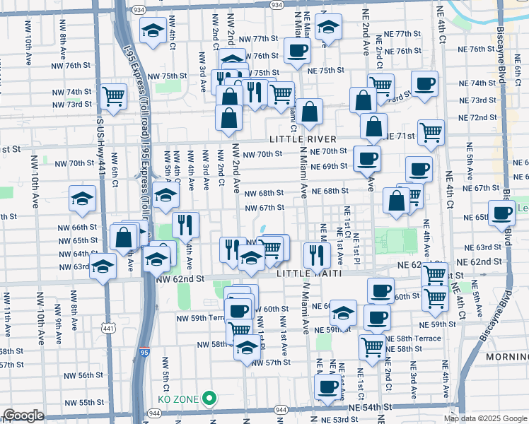 map of restaurants, bars, coffee shops, grocery stores, and more near 140 Northwest 67th Street in Miami