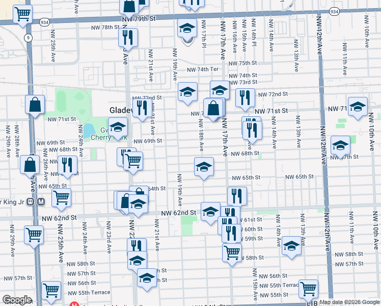 map of restaurants, bars, coffee shops, grocery stores, and more near 1811 Northwest 68th Street in Miami