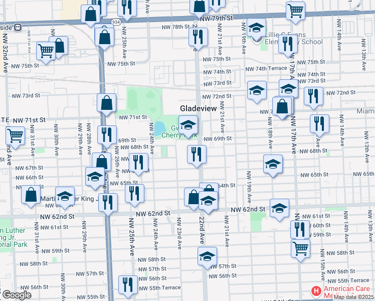 map of restaurants, bars, coffee shops, grocery stores, and more near 6745 Northwest 23rd Avenue in Miami