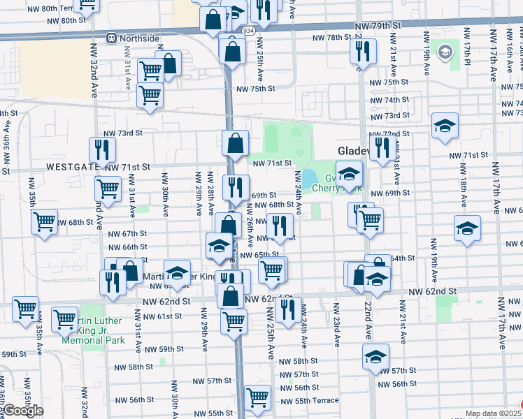 map of restaurants, bars, coffee shops, grocery stores, and more near 2512 Northwest 68th Street in Miami