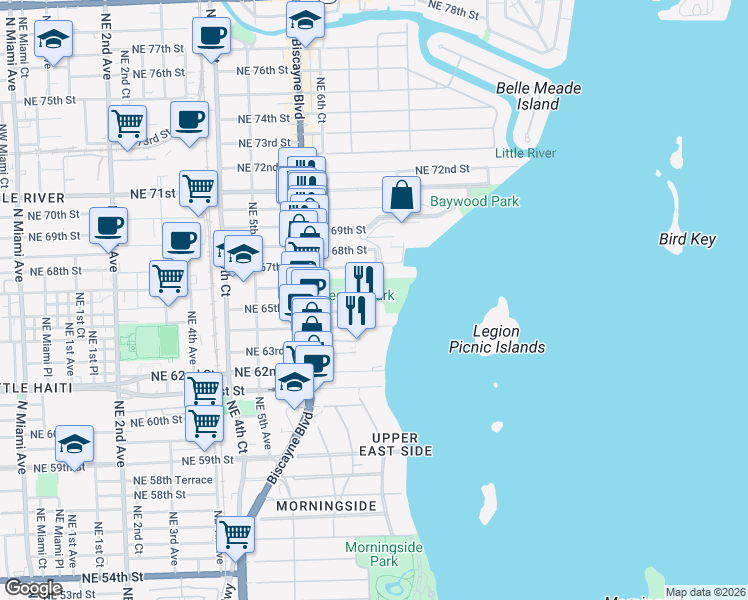 map of restaurants, bars, coffee shops, grocery stores, and more near 6445 Northeast 64th Street in Miami