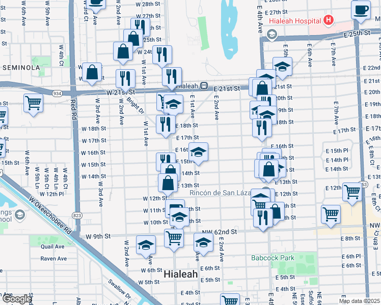 map of restaurants, bars, coffee shops, grocery stores, and more near 1580 East 1st Avenue in Hialeah