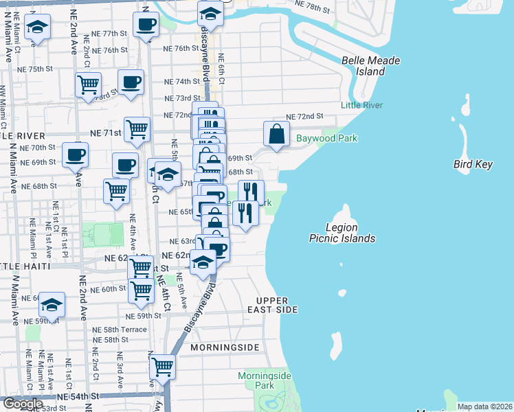 map of restaurants, bars, coffee shops, grocery stores, and more near 6445 Northeast 64th Street in Miami