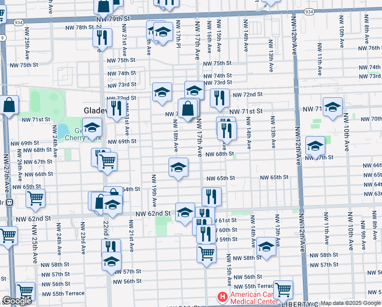 map of restaurants, bars, coffee shops, grocery stores, and more near 1735 Northwest 68th Street in Miami