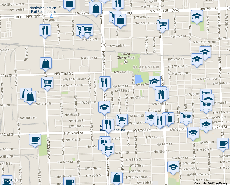 map of restaurants, bars, coffee shops, grocery stores, and more near 2512 Northwest 68th Street in Miami