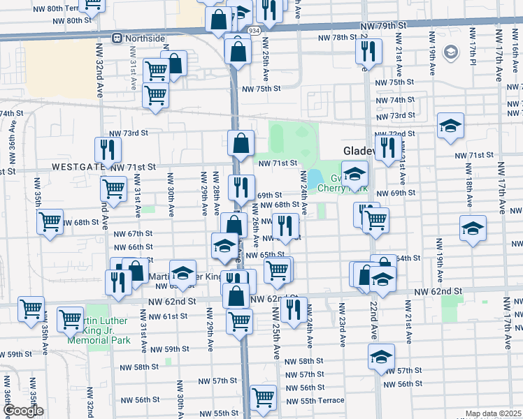 map of restaurants, bars, coffee shops, grocery stores, and more near 2512 Northwest 68th Street in Miami