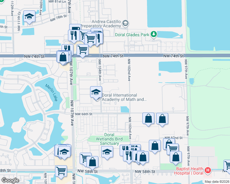 map of restaurants, bars, coffee shops, grocery stores, and more near 6847 Northwest 103rd Avenue in Doral
