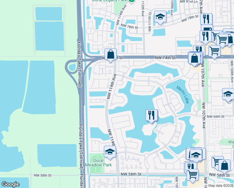 map of restaurants, bars, coffee shops, grocery stores, and more near 11349 Northwest 69th Street in Doral