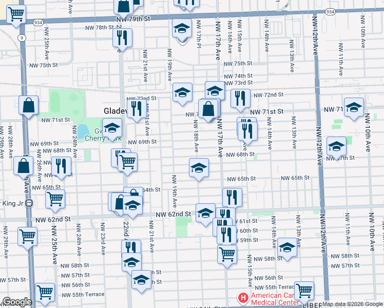map of restaurants, bars, coffee shops, grocery stores, and more near 1811 Northwest 68th Street in Miami