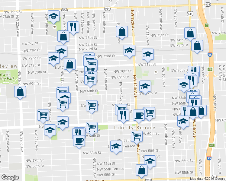 map of restaurants, bars, coffee shops, grocery stores, and more near 1346 Northwest 68th Street in Miami